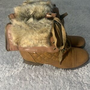 JustFab Brown Fur-Trimmed Combat Boots